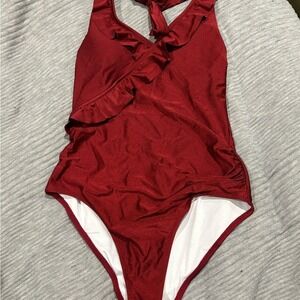 Cupshe Ruby Red‎ Ruffle Halter One Piece Swimsuit Ruched V-Neck Swimwear